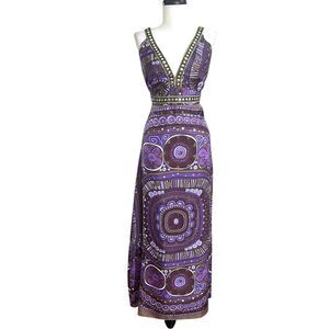 Vintage Silk Babydoll Y2K Studded Retro Maxi Dress 10 Purple 70s Hippie Boho